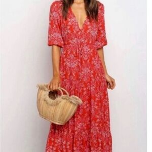 Anthropologie Abel the Label Strawberry Kisses V Neck Maxi Dress Boho Preppy